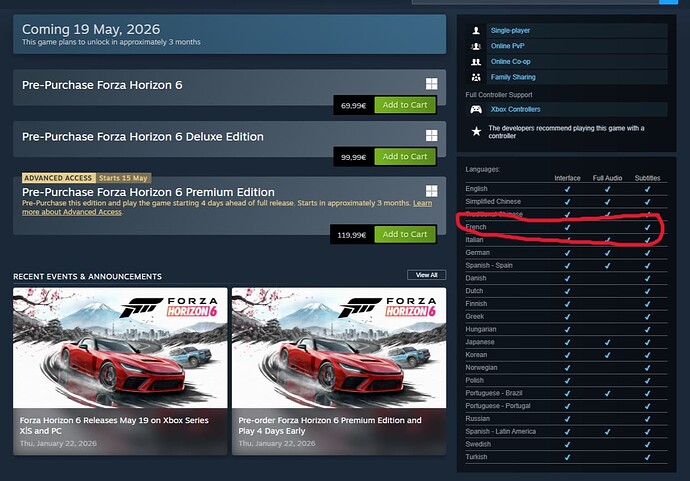 Forza Horizon 6 French dub missing