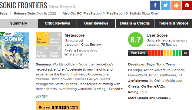 Sonic Frontiers Achieves Highest Metacritic User Score For The