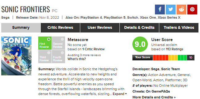 Sonic Frontiers Metacritic User Score Highest In The Series