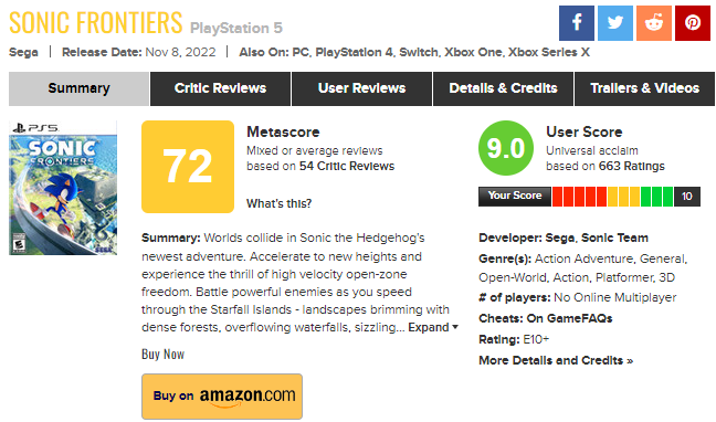 Gamers Are Fighting Over Sonic Frontiers Metacritic User Scores