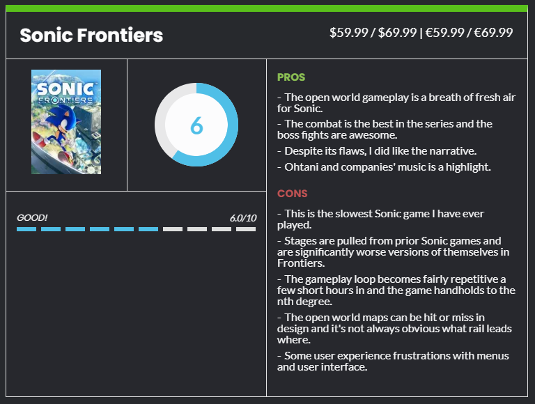 As more and more user reviews come in as days go by, the score for Sonic  Frontiers keeps going up. Currently sitting at 94% in Steam and 9.0 on  Metacritic - 9GAG